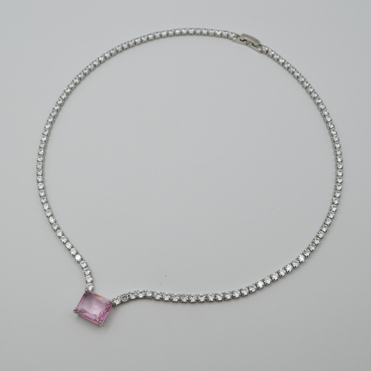 Juego zirconias con zirconia rectangular rosa (collar, pulsera y aretes)