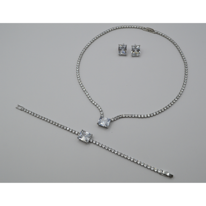 Juego zirconias con zirconia rectangular blanca (collar, pulsera y aretes)