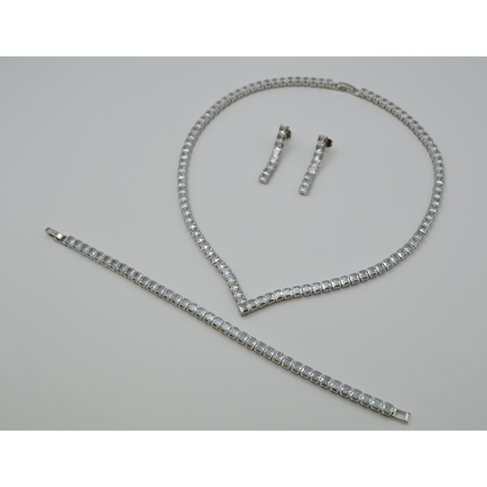 Juego zirconias cuadradas V (collar, pulsera y aretes)