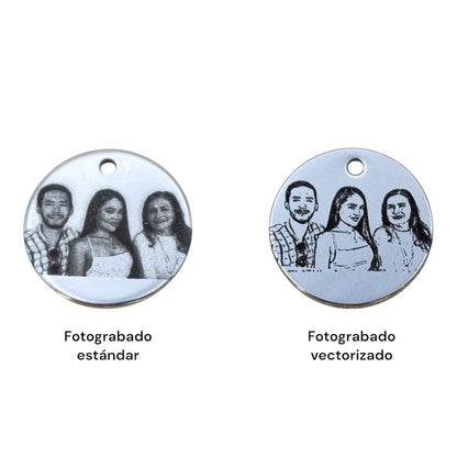 Collar o llavero personalizado medalla circular chica con fotograbado y/o texto