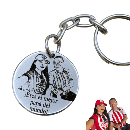Llavero o collar personalizado medalla circular grande con fotograbado y/o texto