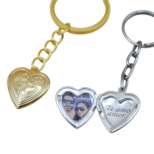 Collar o llavero relicario corazón con fotos impresas