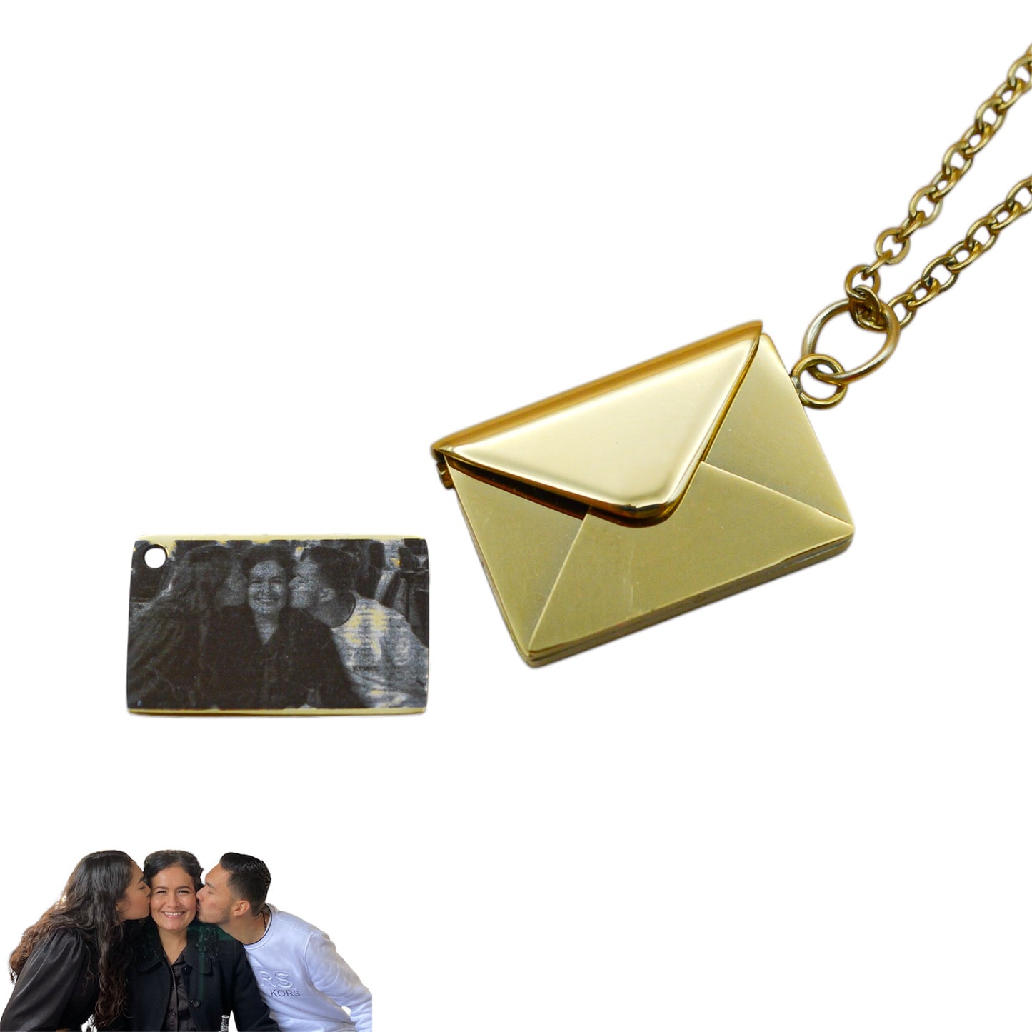 Collar o llavero de sobre con carta personalizada con fotograbado y/o texto