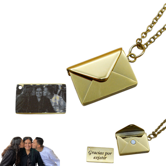 Collar o llavero de sobre con carta personalizada con fotograbado y/o texto