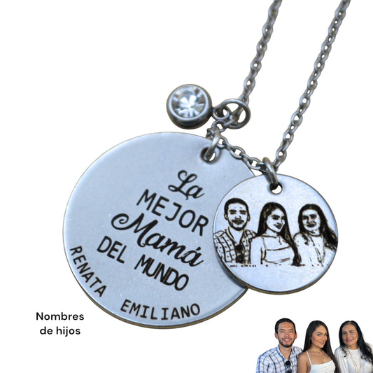 Collar o llavero personalizado para "Mamá" medalla circular con texto personalizado y nombres de hijos