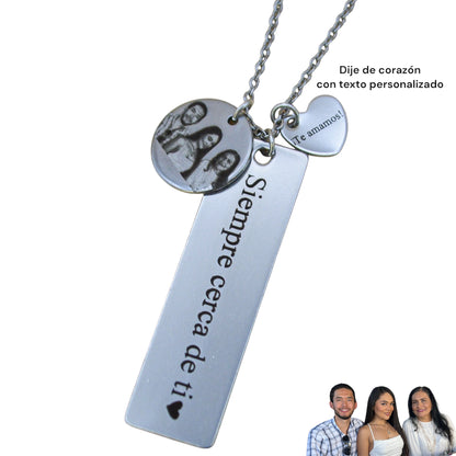 Llavero o collar personalizado medalla rectangular y medalla extra con fotograbado