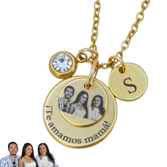 Collar personalizado doble mamá con fotograbado y frase