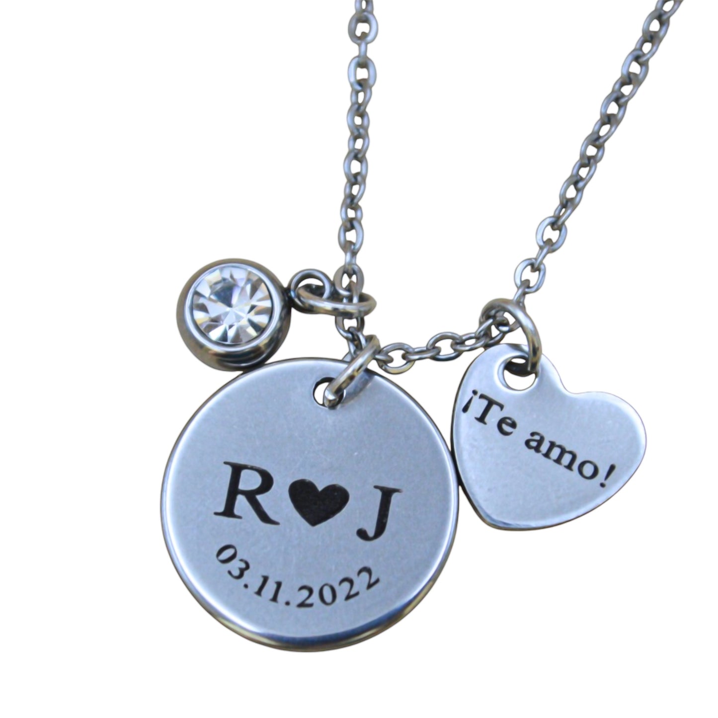Collar o llavero personalizado medalla circular love con iniciales y fecha