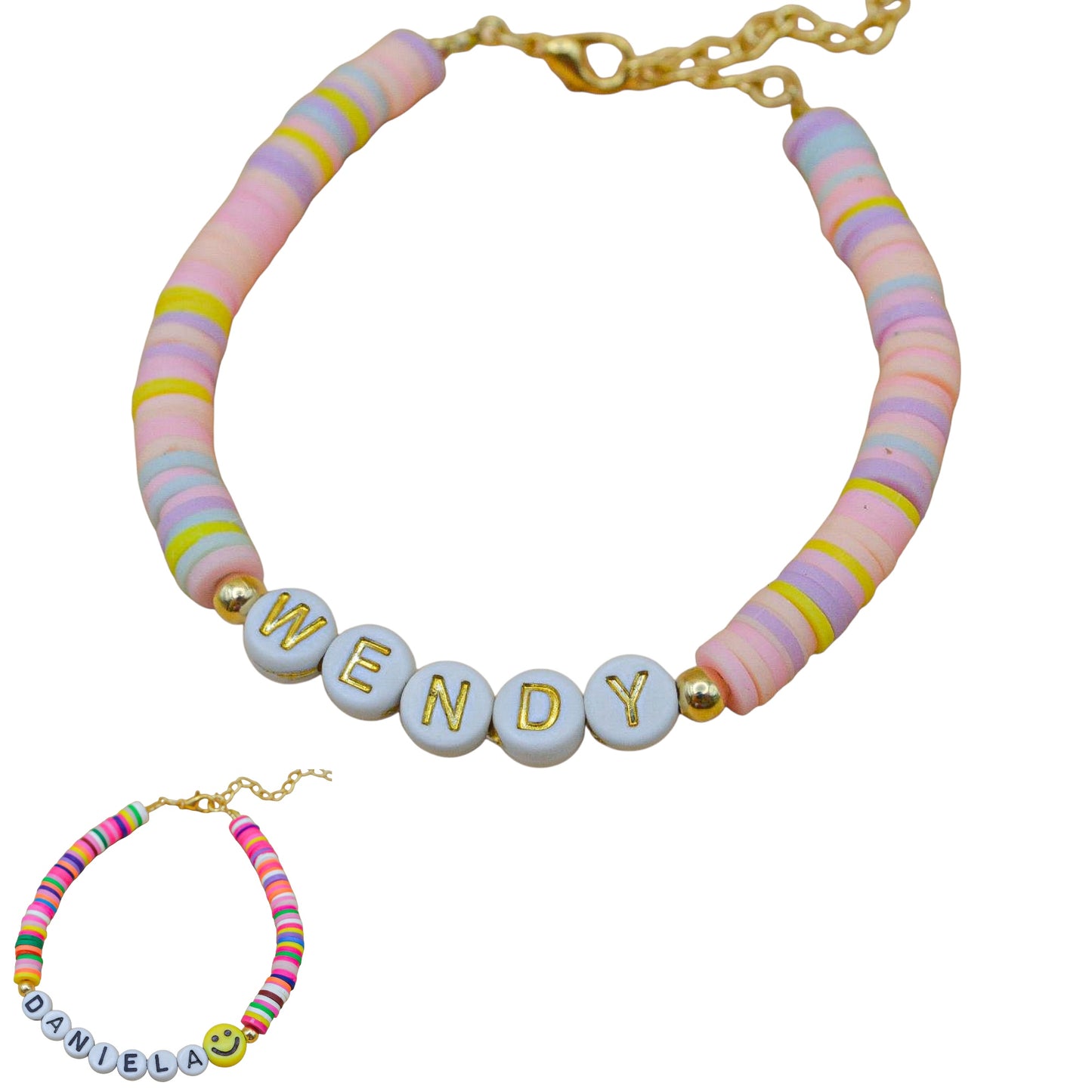 Pulsera personalizada con puccas colorful y letras acrílicas