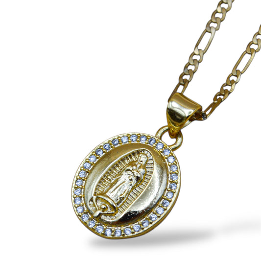 Collar Virgen de Guadalupe ovalada contorno zirconias