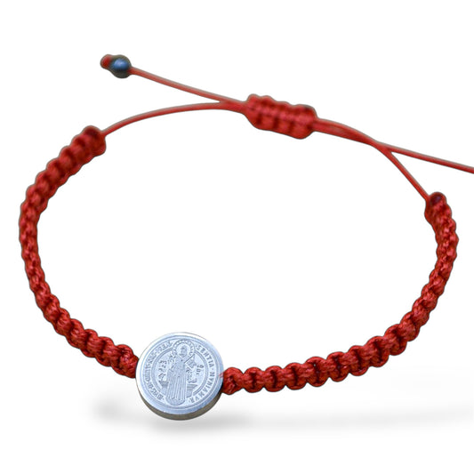 Pulsera San Benito acero inoxidable de hilo tejida silver medalla grande