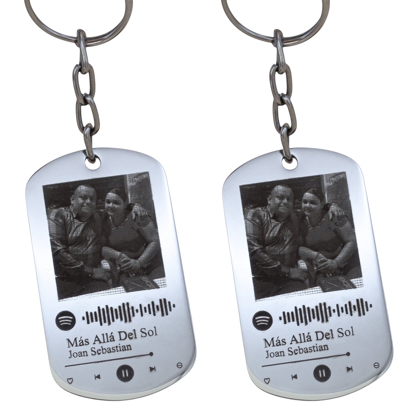 Dúo de llaveros personalizados con foto y tu canción favorita - Acero inoxidable
