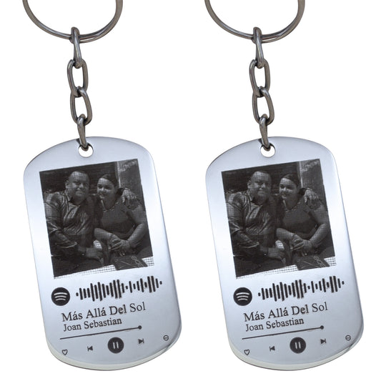 Dúo de llaveros personalizados con foto y tu canción favorita - Acero inoxidable