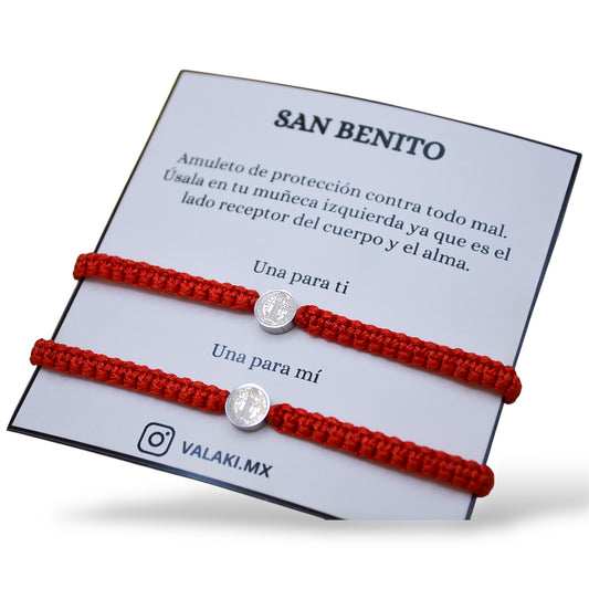 Dúo de pulseras San Benito tejidas medalla chica - Acero inoxidable plateado